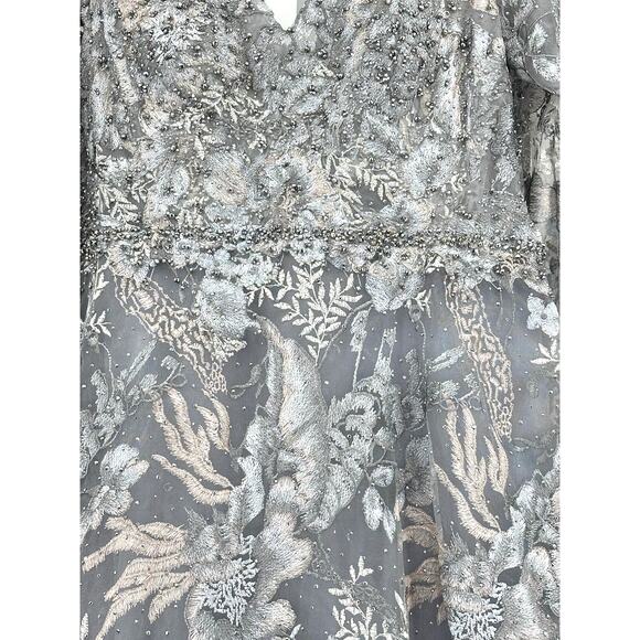 Mac Duggal { 20214 } Gray Long Sleeve Beaded Applique Gown  [ 16 ] - Picture 5 of 14